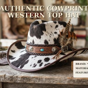 May include: A top hat featuring a black and white cow print pattern. The hat includes a brown braided leather band decorated with silver-toned bull skull accents, turquoise stones, and a cluster of brown and black feathers on the side.
