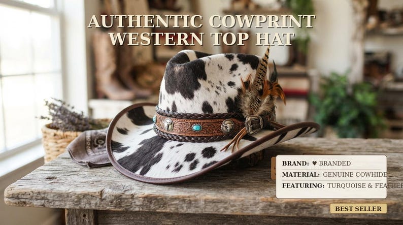 May include: A top hat featuring a black and white cow print pattern. The hat includes a brown braided leather band decorated with silver-toned bull skull accents, turquoise stones, and a cluster of brown and black feathers on the side.