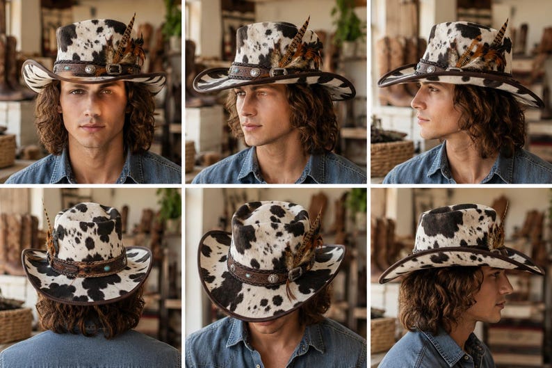 May include: A cowhide print cowboy hat featuring a dark brown leather band with silver-toned metal studs and a buckle. The hat is adorned with a cluster of brown and black feathers tucked into the side of the band, showcasing a patterned texture.