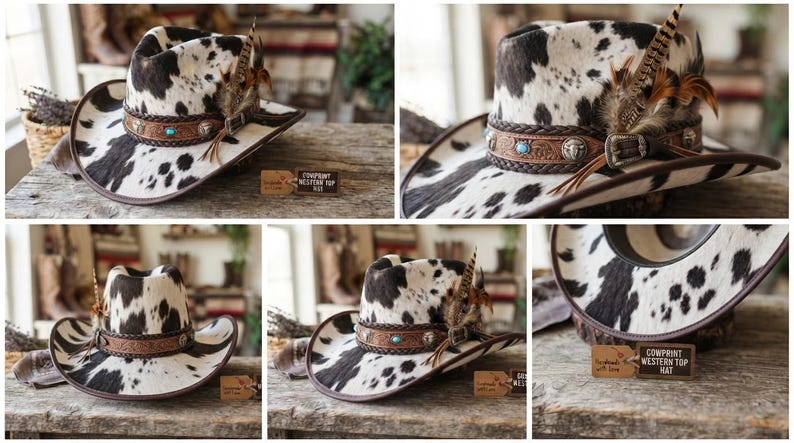 May include: A western hat featuring a black and white cow print pattern. The hat is adorned with a brown leather band, a turquoise stone, silver-toned metal accents, and a cluster of brown and tan feathers. A small tag reads Cowprint Western Top Hat.