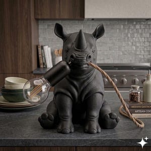 Peut inclure: Lampe en forme de rhinocéros noir tenant une ampoule dans sa bouche. La lampe a une finition texturée et un cordon en forme de corde. La lampe est posée sur un comptoir sombre dans une cuisine.