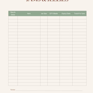 Jam & Jelly Inventory Sheet | Canning Log | Fillable and Printable PDF