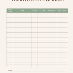 May include: A beige Tomato Sauce & Salsa log sheet with a grid for recording batch details. The header includes fields for Batch Date, Item, Jar Size, QTY Made, Expiry Date, and Total # of Jars. The title "TOMATO SAUCE & SALSA" is at the top.
