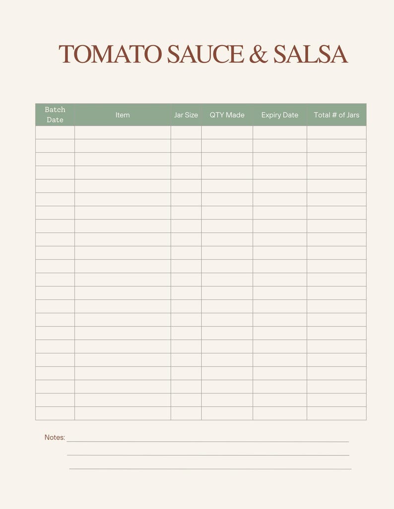 May include: A beige Tomato Sauce & Salsa log sheet with a grid for recording batch details. The header includes fields for Batch Date, Item, Jar Size, QTY Made, Expiry Date, and Total # of Jars. The title "TOMATO SAUCE & SALSA" is at the top.