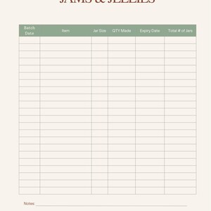 May include: Cream-coloured printable planner page titled "JAMS & JELLIES" with columns for batch date, item, jar size, quantity made, expiry date, and total number of jars. Includes a notes section.