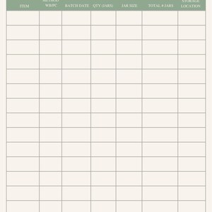 May include: A printable pantry inventory sheet titled "Master Pantry Inventory". It features columns for item, method, batch date, quantity, jar size, total jars, and storage location. The background is a light beige colour.