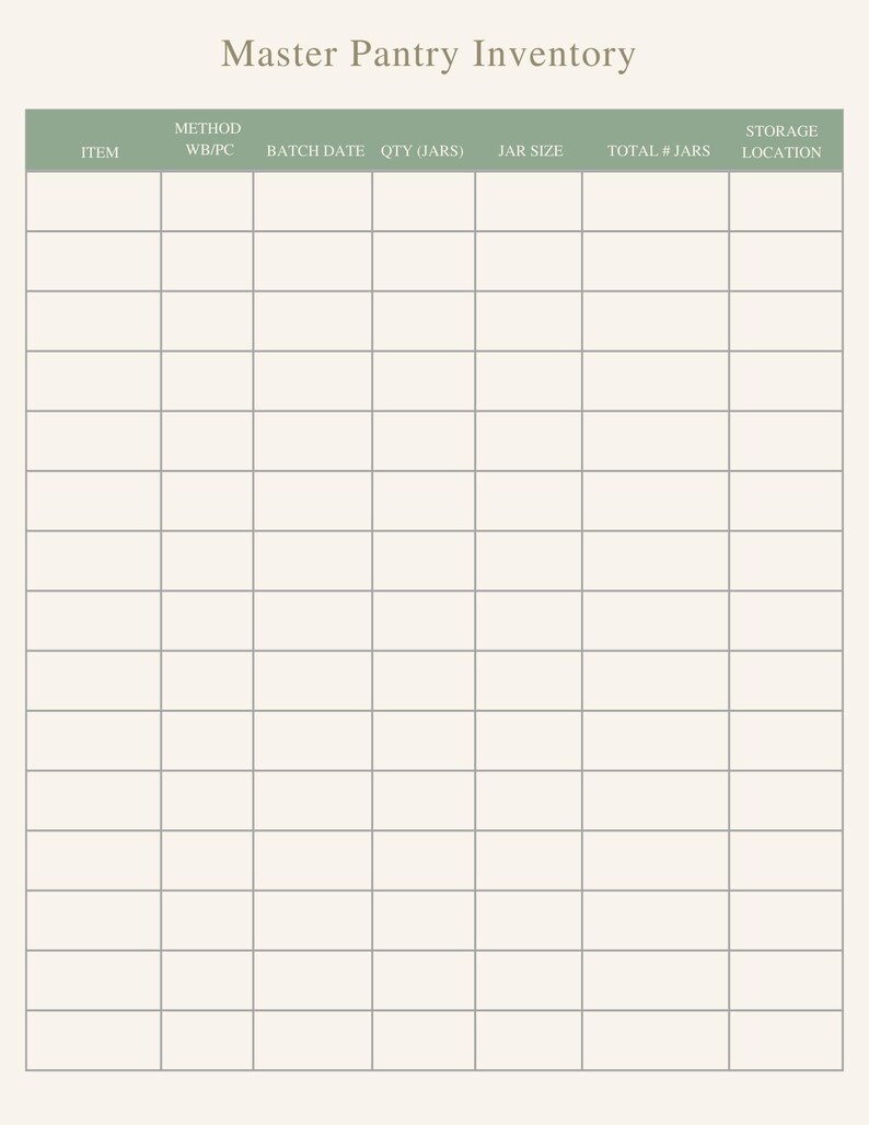 May include: A printable pantry inventory sheet titled "Master Pantry Inventory". It features columns for item, method, batch date, quantity, jar size, total jars, and storage location. The background is a light beige colour.
