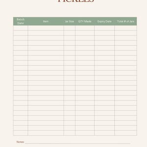 May include: A beige printable log sheet for tracking pickle batches. The title "PICKLES" is at the top. Columns include Batch Date, Item, Jar Size, QTY Made, Expiry Date, and Total # of Jars. There is a space for notes at the bottom.