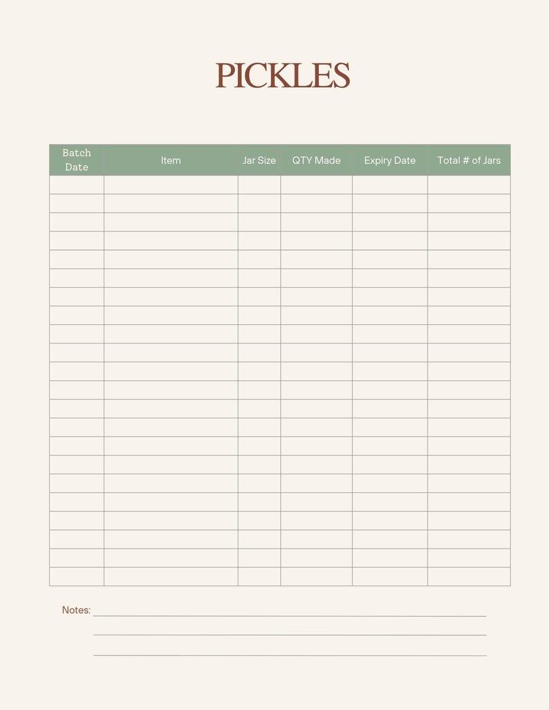May include: A beige printable log sheet for tracking pickle batches. The title "PICKLES" is at the top. Columns include Batch Date, Item, Jar Size, QTY Made, Expiry Date, and Total # of Jars. There is a space for notes at the bottom.