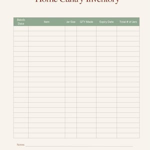 May include: A beige Home Cantry Inventory sheet with columns for Batch Date, Item, Jar Size, QTY Made, Expiry Date, and Total # of Jars. The title is in a dark brown script font. There is a space for notes at the bottom.