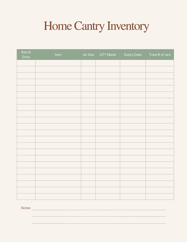 May include: A beige Home Cantry Inventory sheet with columns for Batch Date, Item, Jar Size, QTY Made, Expiry Date, and Total # of Jars. The title is in a dark brown script font. There is a space for notes at the bottom.