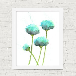 watercolor flower painting, watercolor poppies, flower art, abstract flower painting, poppy painting, mint green, blue, modern 8X10 image 2