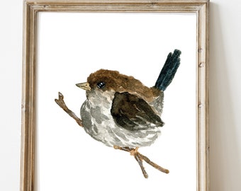 Fairy wren bird art, Watercolor bird painting, Bird wall art, Brown fluffy bird print, Bird print, Watercolor animals, Victorian style art