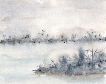 Watercolor landscape painting, landscape watercolor art, winter landscape, lake painting, abstract watercolor painting, mood painting, 10X8