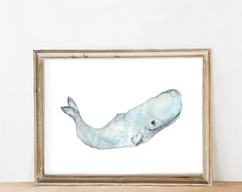 Whale painting, watercolor whale art, beach art, beach painting, beach decor, wildlife art, whale nursery art, sperm whale, - 10X8 print