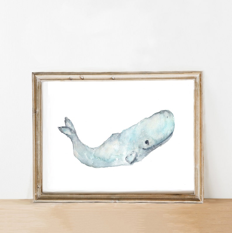 Whale painting, watercolor whale art, beach art, beach painting, beach decor, wildlife art, whale nursery art, sperm whale, 10X8 print image 1