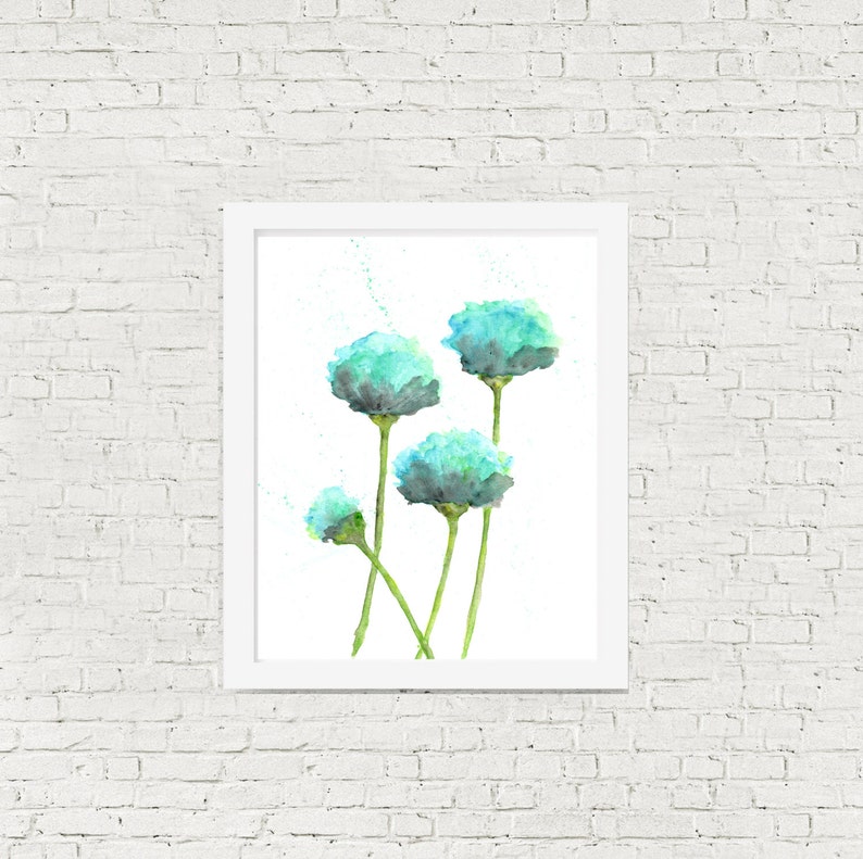 watercolor flower painting, watercolor poppies, flower art, abstract flower painting, poppy painting, mint green, blue, modern 8X10 image 2