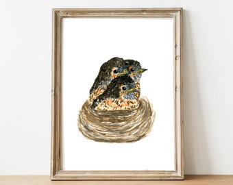 Watercolor bird print, watercolor robin print, watercolor baby animals, woodland nursery, robin bird nest print, watercolor baby robin print