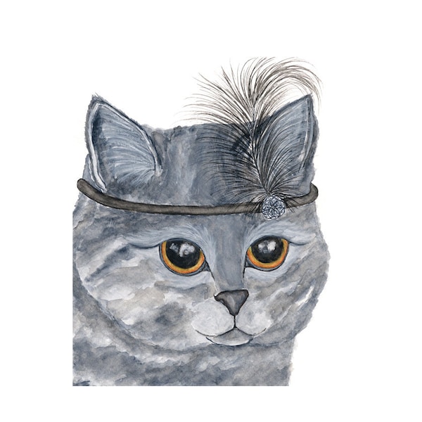 Cat art, cat painting, watercolor cat, watercolor painting, flapper head band, watercolor animals, cat print, cat illustration, 8X10 print