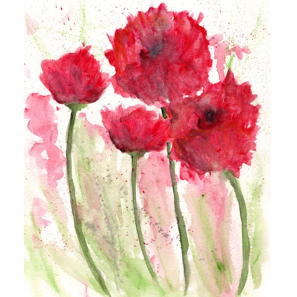 Watercolor flowers, watercolor poppies, flower painting, flower art, poppy painting, red flowers, modern flower art, poppy print, 8X10