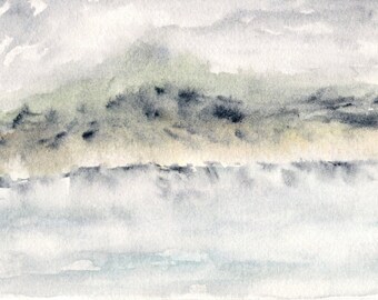 Landscape painting, watercolor painting, watercolor landscape, abstract landscape, lake print, lake, mountain painting, misty, 7X5