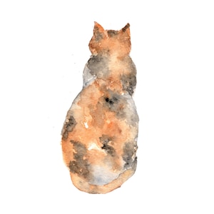 May include: Watercolor painting of a cat viewed from the back. The cat's fur is a mix of orange, brown, and gray, with a soft, blended watercolor effect. The artwork is set against a clean white background, highlighting the cat's form.