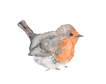 Watercolor painting, watercolor bird painting, bird art, animal illustration, bird print, English robin, grey, orange, rustic - 10X8 print