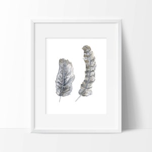 Watercolor print, feather print, feather painting, watercolor painting, feather art, grey feathers, nature art, nature painting, 8X10 print image 2