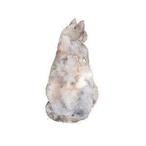 May include: Watercolor painting of a gray cat sitting with its back to the viewer.