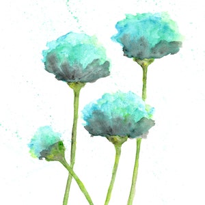 watercolor flower painting, watercolor poppies, flower art, abstract flower painting, poppy painting, mint green, blue, modern 8X10 image 3