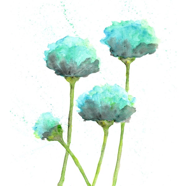 watercolor flower painting, watercolor poppies, flower art, abstract flower painting, poppy painting, mint green, blue, modern  - 8X10