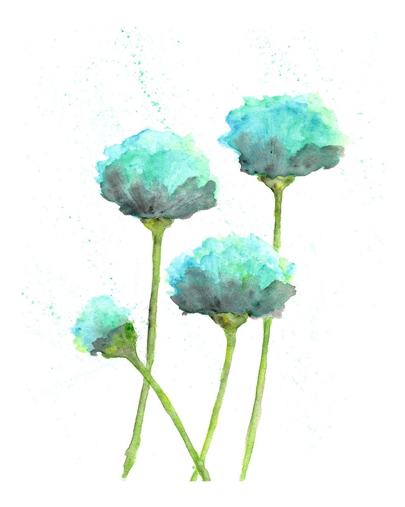 watercolor flower painting, watercolor poppies, flower art, abstract flower painting, poppy painting, mint green, blue, modern 8X10 image 1