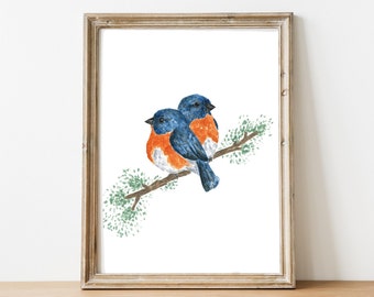 Watercolor birds, bird art, bird prints, woodland nursery print, bluebird painting,watercolor painting, cuddling birds, watercolor blue bird