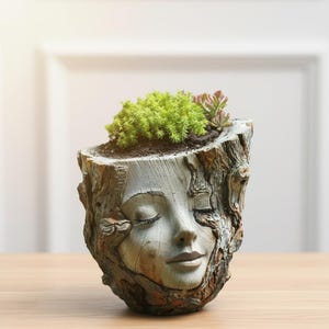 Tree Spirit Girl Face Planter - Unique Resin Log Flower Pot for Succulents, Fairy Garden Decor, Whimsical Female Head Vase, Nature Inspired
