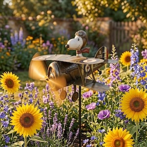 Peut inclure: Un piquet de jardin en métal représentant Snoopy en tant que pilote dans un avion vintage. L'avion de couleur bronze a des hélices rotatives et est décoré de cocardes et du numéro 7270. Le jardin est rempli de tournesols et de fleurs violettes et bleues.