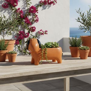 Peut inclure: Un pot de fleurs en forme de chien de couleur terre cuite rempli de plantes succulentes. Le pot a une tête noire et est posé sur une table en bois. D'autres pots en terre cuite avec des plantes sont à l'arrière-plan, avec un mur blanc et des fleurs roses.