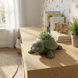 Peut inclure: Un pot en forme de tortue verte avec une plante succulente à l'intérieur. Le pot a un visage souriant et est en céramique. Il est posé sur une surface en bois, à côté de livres et d'une petite plante en pot.