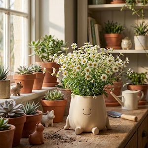 Cute Smiling Face Planter Pot with Chair – Kawaii Plant Pot, Funny Succulent Planter, Minimalist Indoor Plant Decor, Gift for Plant Lovers