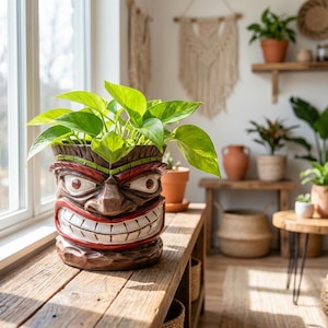 Whimsical Tiki Face Ceramic Planter for Indoor Plants