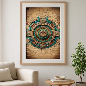 Aztec Sun Calendar Print | Turquoise & Gold Wall Art