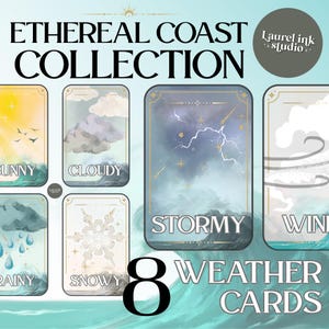 Pode incluir: Um conjunto de 8 cartas meteorológicas Ethereal Coast Collection com ilustrações de condições ensolaradas, nubladas, tempestuosas, chuvosas, nevadas e ventosas. Cada carta mostra uma cena costeira com ondas e etiquetas de texto.