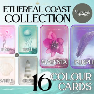 Pode incluir: Um conjunto de 16 cartões de cor Ethereal Coast Collection com ilustrações de flores, uma alforreca, uma concha, um farol e uma pena. Cada cartão exibe um nome de cor específico, incluindo rosa, cerceta, magenta, roxo, branco e cinzento.