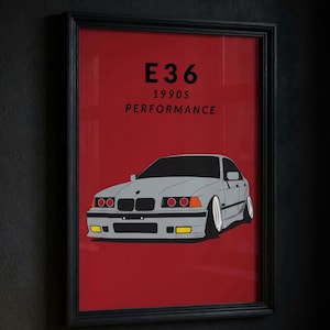 May include: Framed print featuring a gray car illustration against a red background. The text "E36 1990s PERFORMANCE" is displayed above the car. The artwork is encased in a black frame, suitable for wall decor.