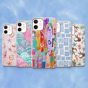 May include: Five smartphone cases featuring tropical designs. The first has pink seashells and starfish. The second has a pattern of pink and teal shells. The third displays colorful surfboards and the word Aloha. The fourth has blue grid icons. The fifth shows coconuts and seahorses.