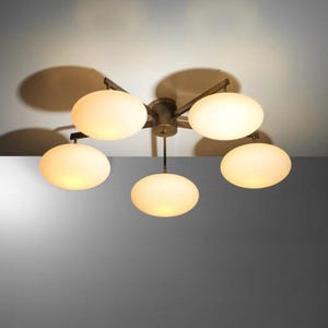 Mid Century Modern Brass Chandelier | 5-Light Semi Flush Mount Ceiling Light | Opal Glass Shade Fixture | Retro Minimalist Lighting