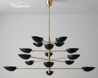 Mid Century Modern Black and Brass Chandelier | Multi-Tier Bowl Shade Pendant Light | Statement Dining Room Lighting