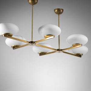 Mid Century Modern Brass Chandelier | 6-Light Stilnovo Style Pendant | Opal Glass Dome Ceiling Light | Retro Dining Room Fixture