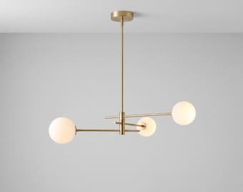 Mid Century Modern Brass Chandelier | 3-Light Globe Pendant | Minimalist Asymmetrical Ceiling Light | Opal Glass Fixture | Dining Room Light