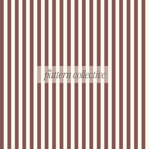 May include: A graphic design featuring vertical stripes in alternating shades of dark reddish-brown and off-white. Centered in the middle is a rectangular overlay containing the text "the pattern collective" written in a dark brown serif font.