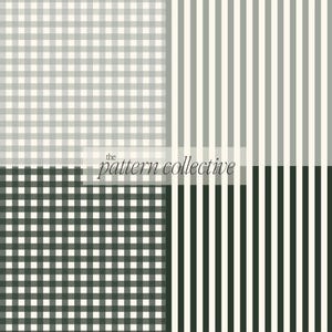 May include: A collection of four different patterns. Two are checkered, one in light gray and white, the other in dark green and white. The other two patterns are striped, one in light gray and white, the other in dark green and white. The text "the pattern collective" is in the center.